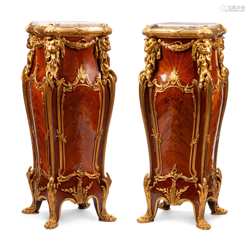 A Pair of Louis XV Style Gilt Bronze Mounted Marquetry