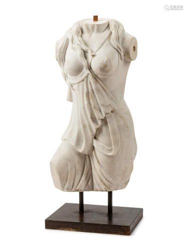 An Italian Carved White Marble Female Torso on an Iron