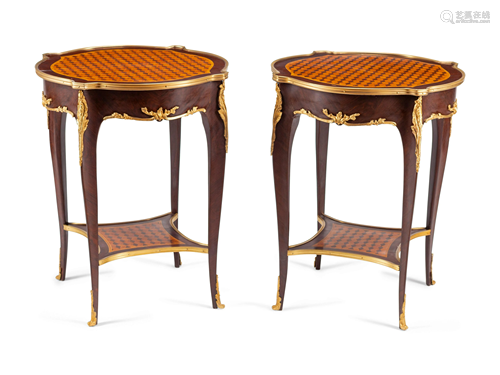 A Pair of Louis XV Style Gilt Bronze Mounted Parquetry