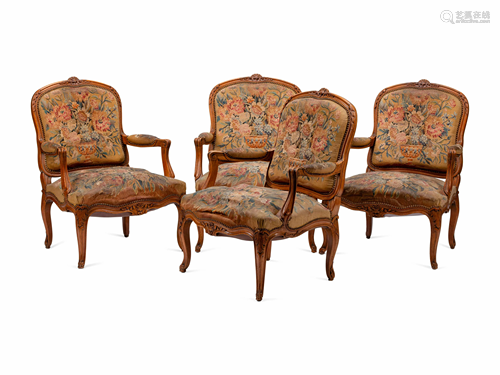 A Set of Four Louis XV Beechwood Fauteuils with