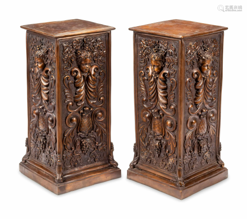A Pair of Continental Patinated Bronze Pedestals with