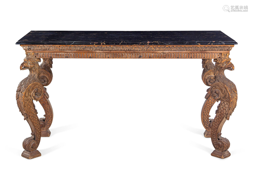 An Italian Carved Cerused Wood Marble-Top Console Table