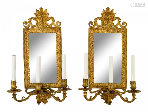 A Pair of Continental Mirror-Inset Gilt Brass