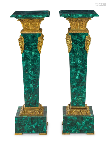 A Pair of Louis XVI Style Gilt Bronze Mounted Malachite