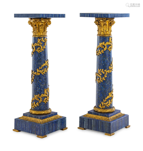 A Pair of Louis XV Style Gilt Bronze Mounted Lapis