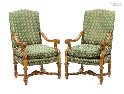 A Pair of Louis XIV Style Giltwood Fauteuils