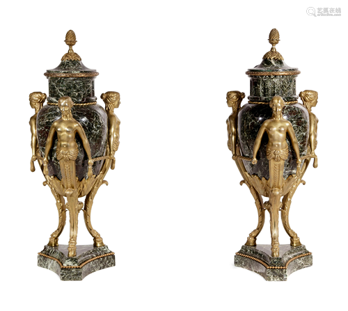 A Pair of Louis XVI Style Gilt Bronze and Marble Urns