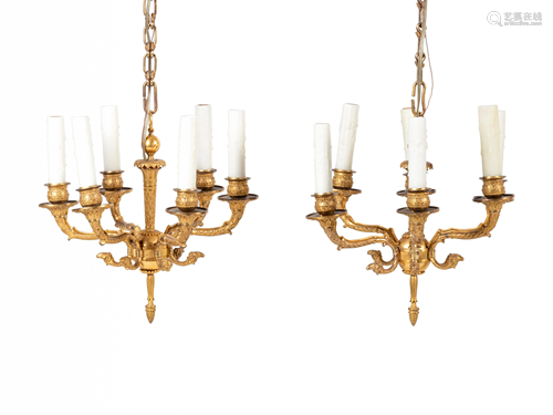 A Pair of Empire Gilt Bronze Six-Light Chandeliers