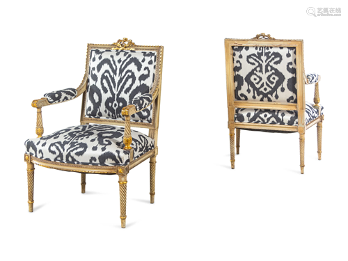 A Pair of Louis XVI Style Brunschwig & Fils Upholstered