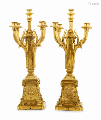 A Pair of Empire Style Gilt Bronze Five-Light