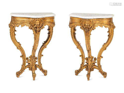 A Pair of Louis XV Style Giltwood Marble-Top Console