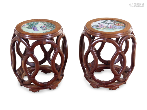 A Pair of Chinese Famille Rose Porcelain Inset Hardwood