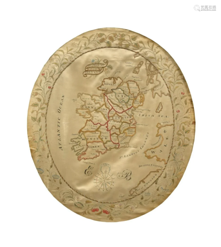 An Irish Embroidered and Chenille Decorated Map of