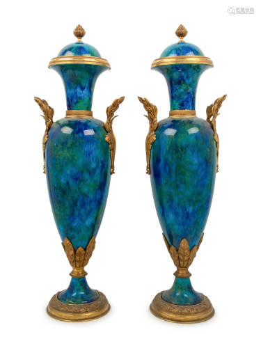 A Pair of Sevres Style Gilt Bronze Mounted Flambe