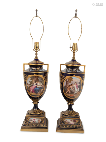 A Pair of Vienna Porcelain Urns Mounted as Lamps