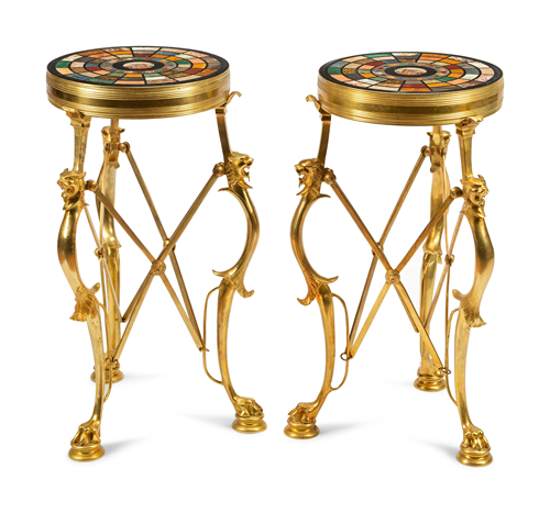 A Pair of Continental Gilt Bronze Tables with Specimen