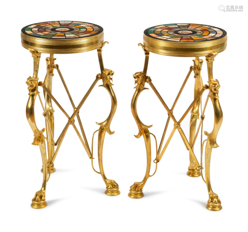 A Pair of Continental Gilt Bronze Tables with Specimen