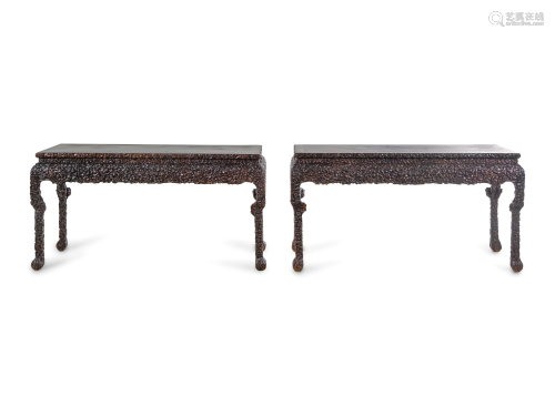 A Pair of Chinese Export Carved Hardwood Altar Tables