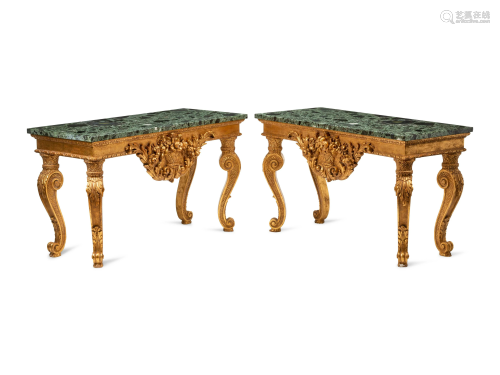 A Pair of George II Style Giltwood Marble-Top Console