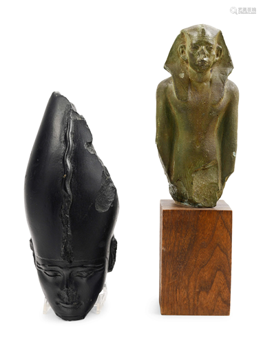 An Egyptian Head of a Pharaoh and a Portrait Statue of