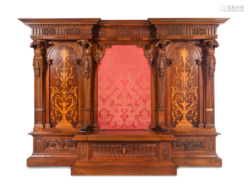 A Renaissance Revival Style Carved Walnut and Marquetry