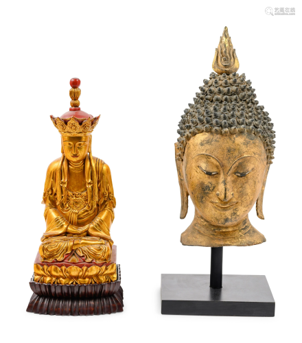 A Thai Gilded Carved Wood Buddha Head