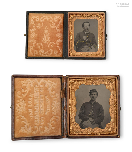 Two Seated Soldier Cased Tintypes with Gilt