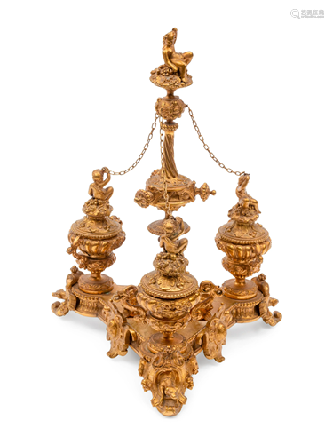 A French Gilt Bronze Tripartite Inkstand