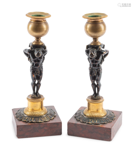 A Pair of French Gilt and Patinated Bronze and Marble