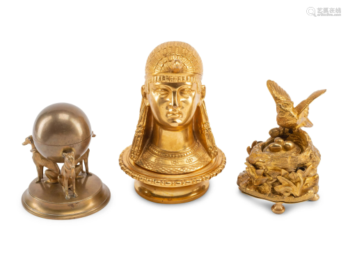 A Group of Three Bronze Inkwells