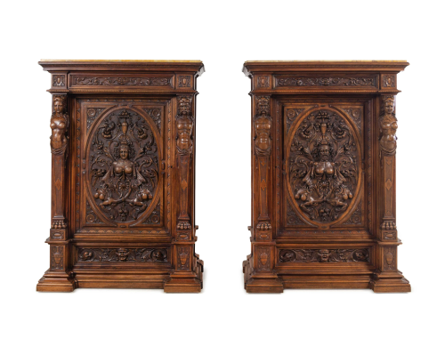 A Pair of Renaissance Revival Carved Walnut Marble Top