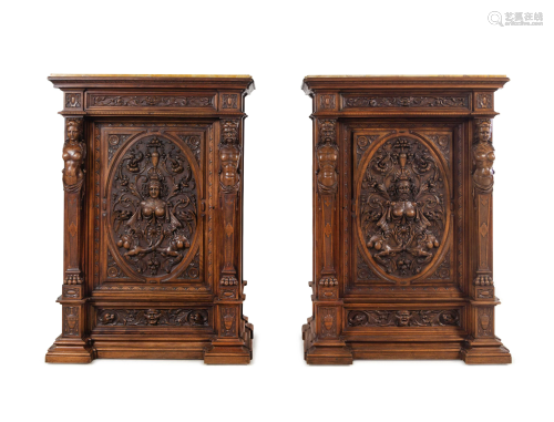 A Pair of Renaissance Revival Carved Walnut Marble Top