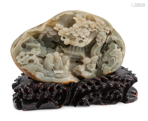 A Chinese Carved Hardstone Figural Group on a Wood Base