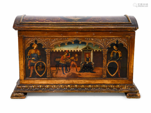 An Italian Gothic Style Painted and Parcel Gilt Trunk