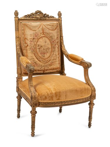 A Louis XVI Style Giltwood Fauteuil