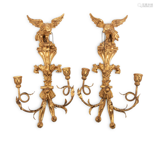 A Pair of Regency Style Giltwood Two-Light Sconces