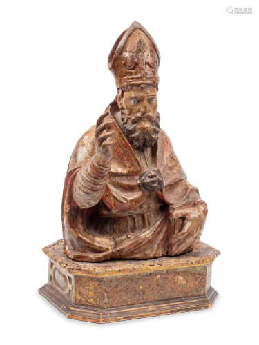 A Continental Painted and Parcel Gilt Bust of a Saint