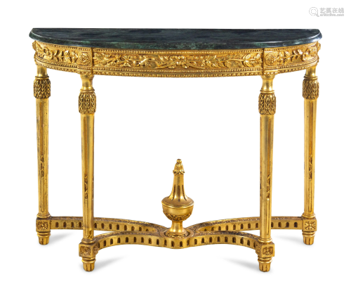A Louis XVI Style Giltwood Marble-Top Demilune Console