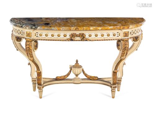 A Louis XVI Style Painted and Parcel Gilt Marble-Top