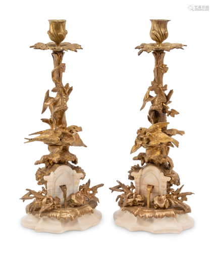 A Pair of Napoleon III Silvered Bronze and Marble