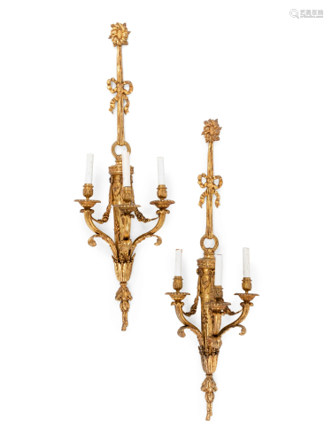 A Pair of Louis XVI Style Gilt Bronze Three-Light