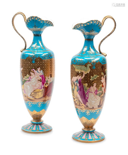 A Pair of Vienna Style Porcelain Ewers