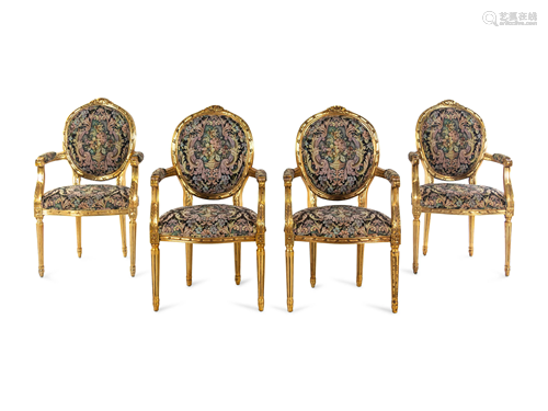 A Set of Four Louis XVI Style Giltwood Fauteuils