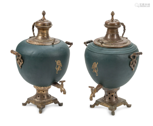 A Pair of Large Continental Painted Tole Tea Urns