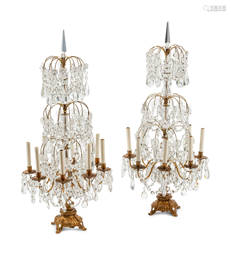 A Pair of French Gilt Bronze and Cut Glass Eight-Light