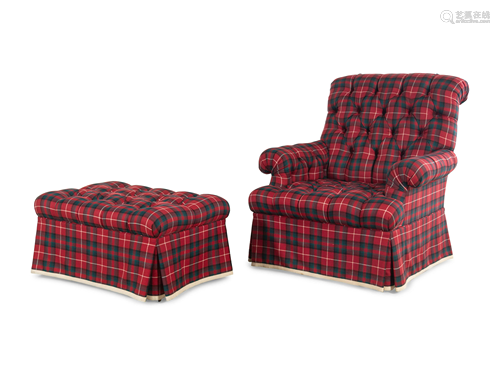 A Button-Tufted Tartan-Upholstered Easy Chair and