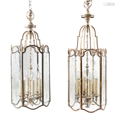 A Pair of Louis XV Style Bronze and Etched Glass Hall