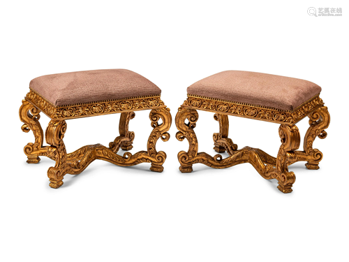 A Pair of Italian Baroque Style Giltwood Stools