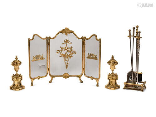 A Louis XV Style Gilt Bronze Fire Screen, a Set of Fire