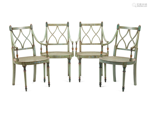 A Set of Four English Painted Armchairs with Cane Seats